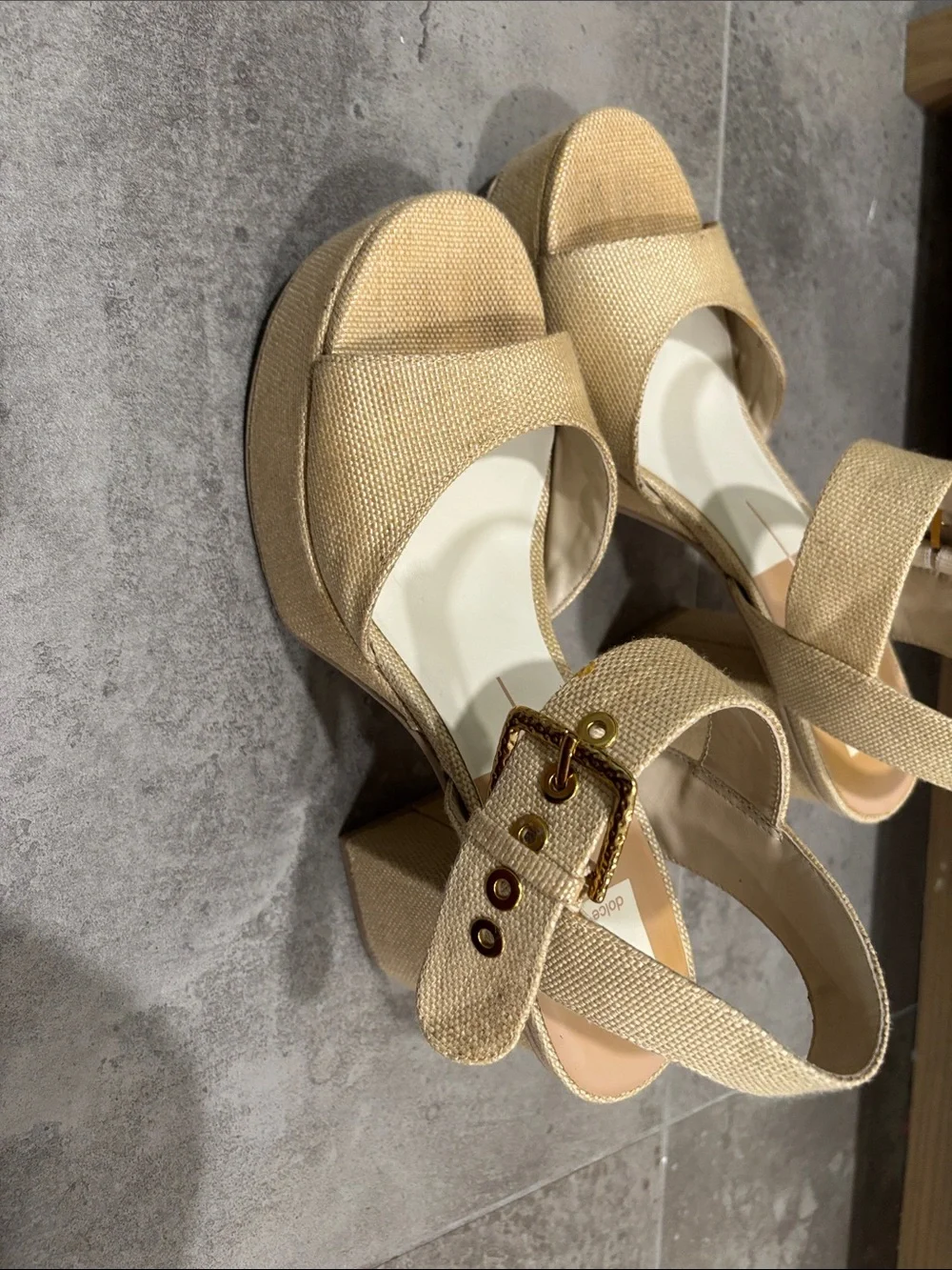 Dolce vita Neutral Beige Platform Block Heel Sandals with Gold Buckle